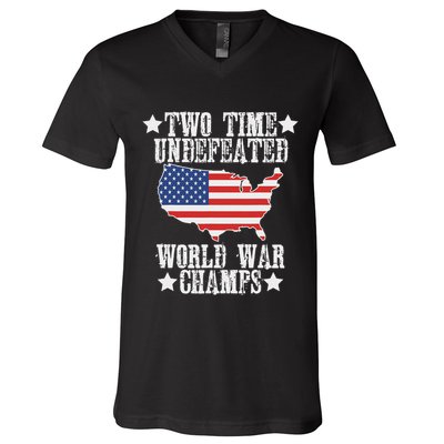 Undefeated Two 2 Time World War Champs Champions Usa V-Neck T-Shirt
