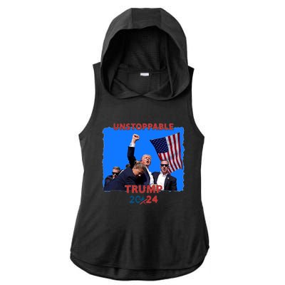 Unstoppable Trump 2024 Donald Trump Survived Shooter Ladies PosiCharge Tri-Blend Wicking Draft Hoodie Tank