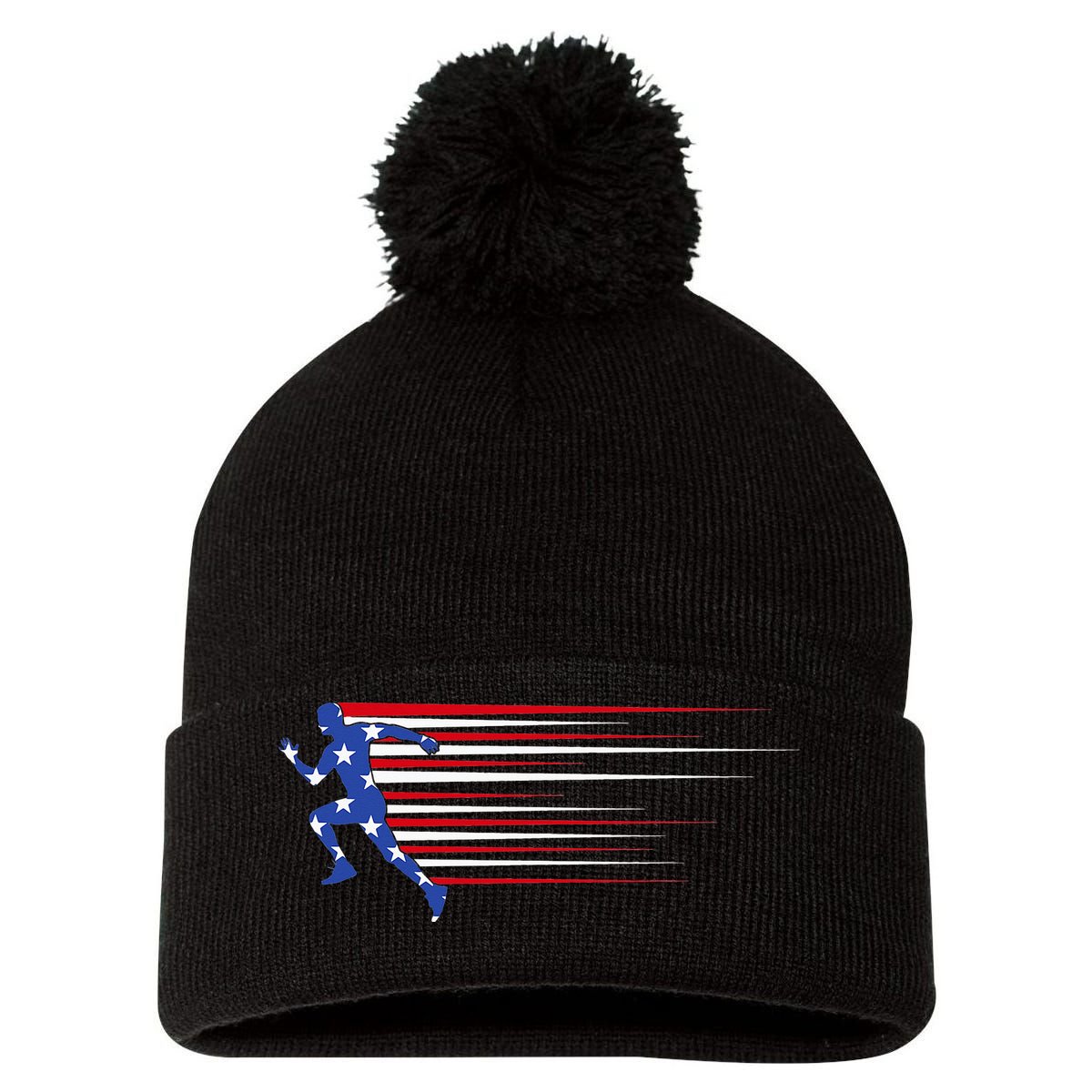 USA Track and field team American flag US Pom Pom 12in Knit Beanie