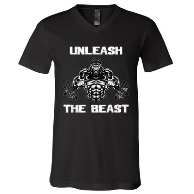 Unleash The Beast Gorilla Body Building Motivation Gift V-Neck T-Shirt