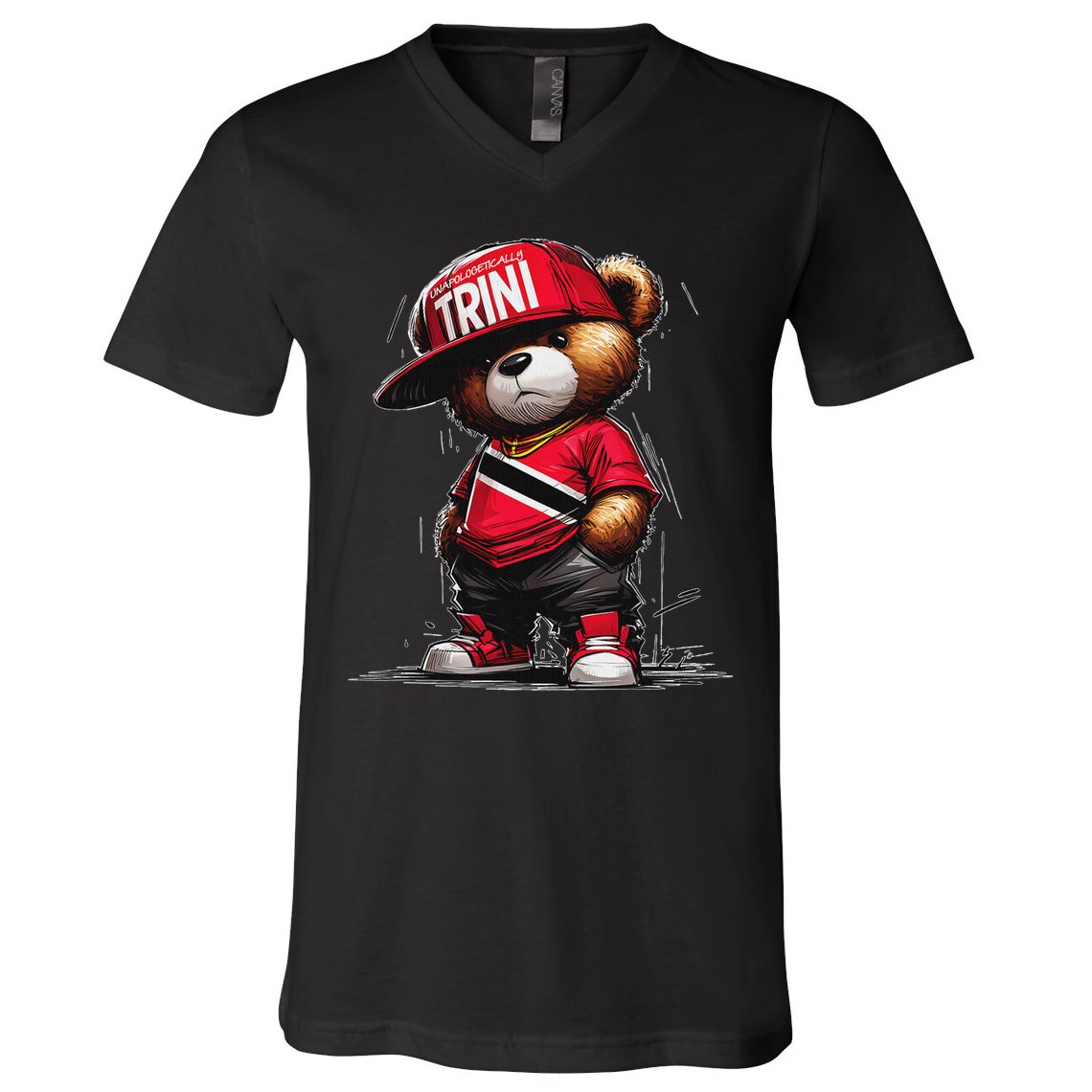 Unapologetically Trini Cool Teddy Bear Trinidad Flag Art V-Neck T-Shirt