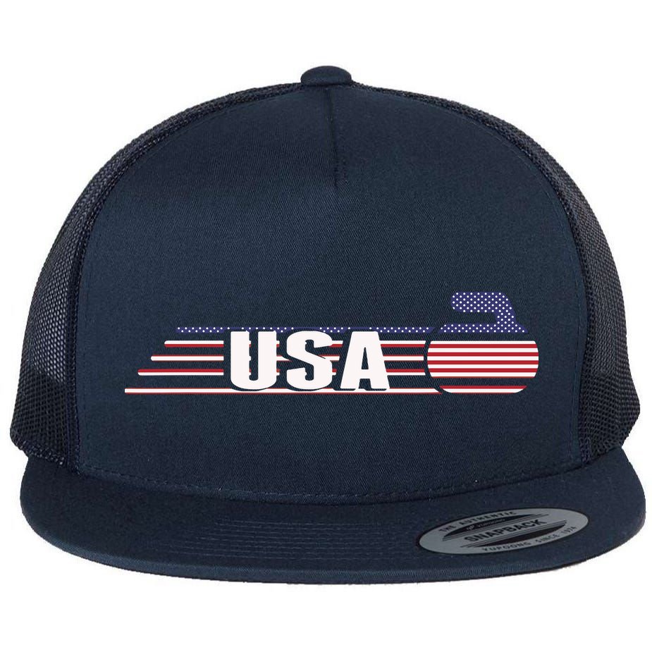 USA Team Curling Rock Jersey Vintage Winter Sports Lovers Flat Bill Trucker Hat