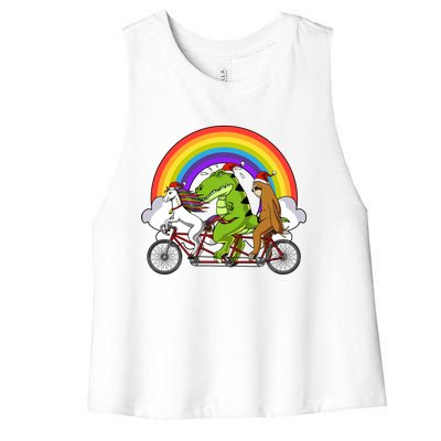 Unicorn Trex Dinosaur Sloth Santa Riding Bicycle Christmas Gift Women's Racerback Cropped Tank