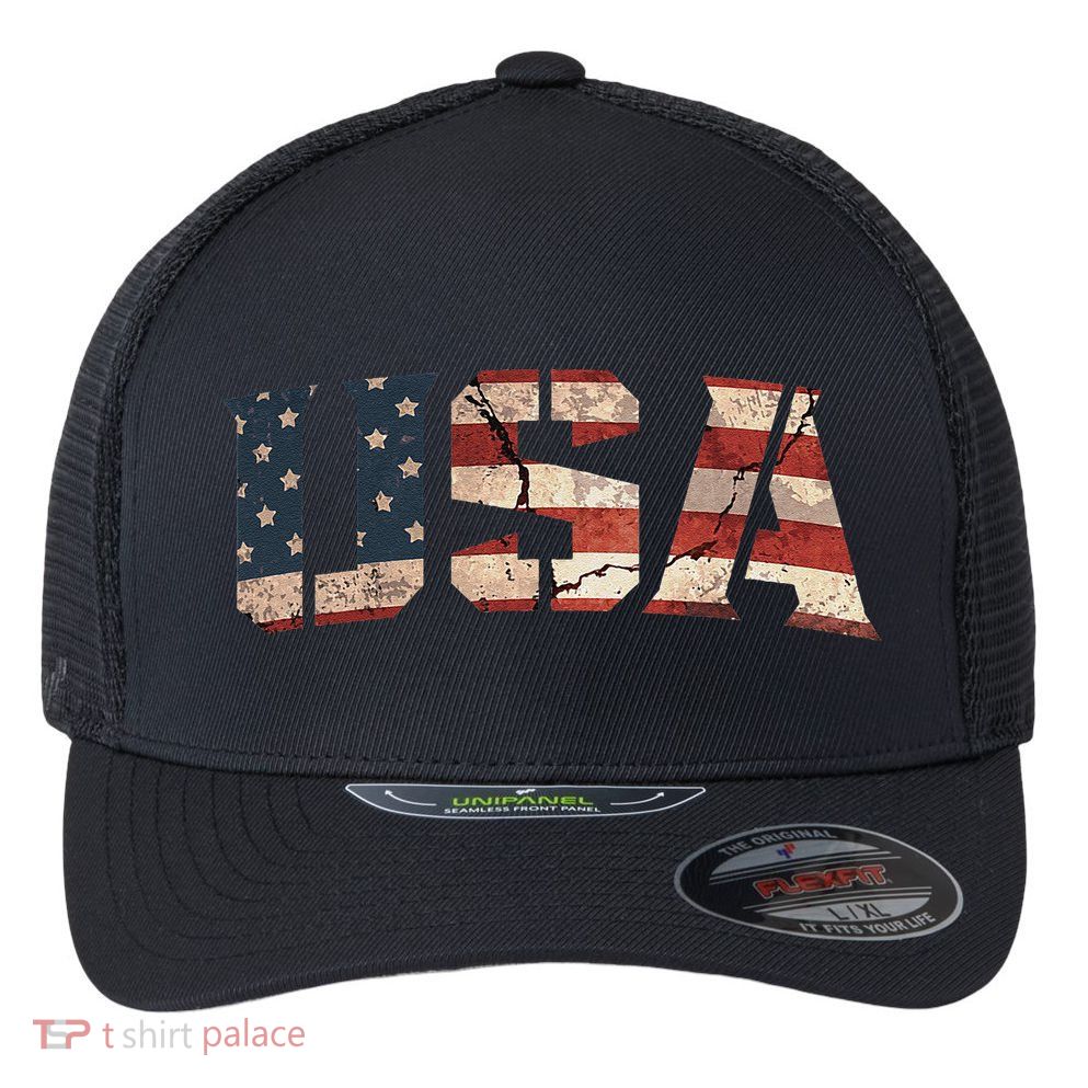 Usa Text Flag American Flag Patriotic 4th Of July Flexfit Unipanel Trucker Cap