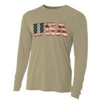 Usa Text Flag American Flag Patriotic 4th Of July Cooling Performance Long Sleeve Crew