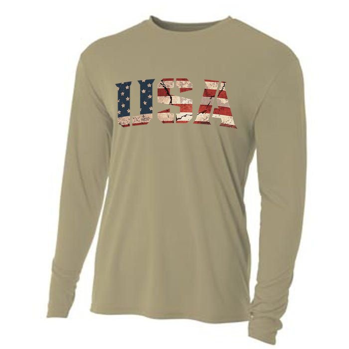 Usa Text Flag American Flag Patriotic 4th Of July Cooling Performance Long Sleeve Crew