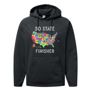 USA Travel Gift Visit 50 States Map Performance Fleece Hoodie