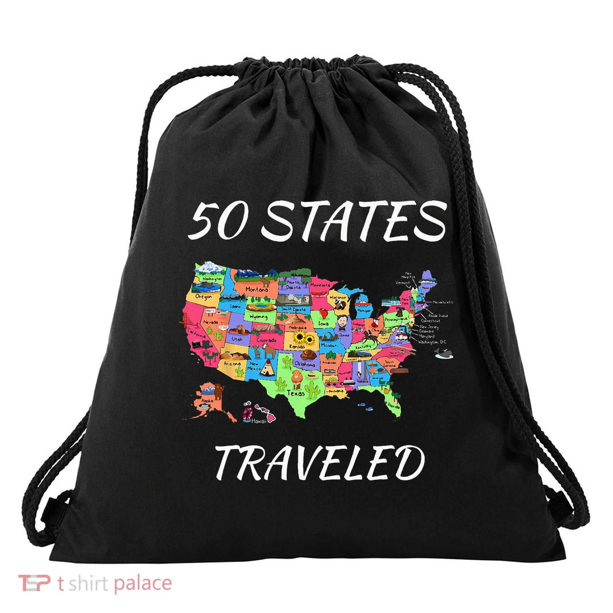 USA Travel Gift Visit 50 States Map Drawstring Bag