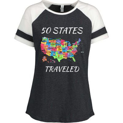 USA Travel Gift Visit 50 States Map Enza Ladies Jersey Colorblock Tee