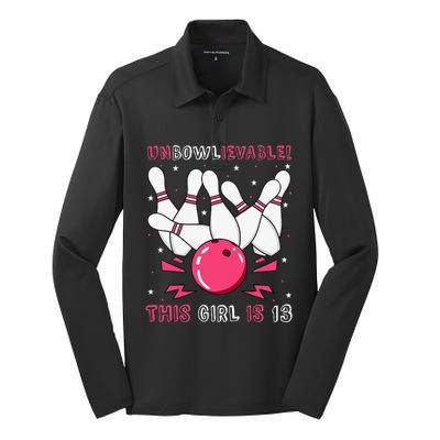 Unbowlievable! This Girl Is 13 Birthday Bowling Party 13th Silk Touch Performance Long Sleeve Polo