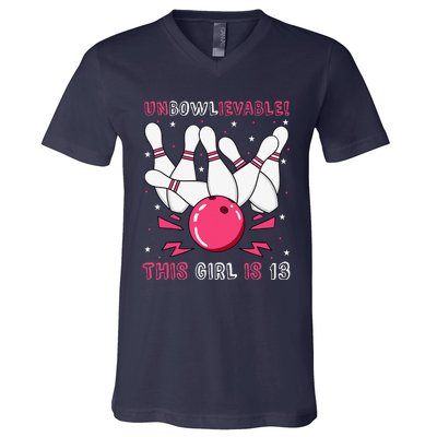 Unbowlievable! This Girl Is 13 Birthday Bowling Party 13th V-Neck T-Shirt