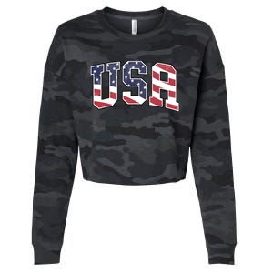 USA T Graphic Patriotic American Flag Cropped Pullover Crew