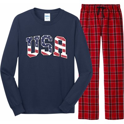 USA T Graphic Patriotic American Flag Long Sleeve Pajama Set