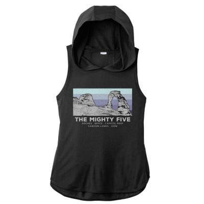 Utahs The Mighty Five National Parks Ladies PosiCharge Tri-Blend Wicking Draft Hoodie Tank