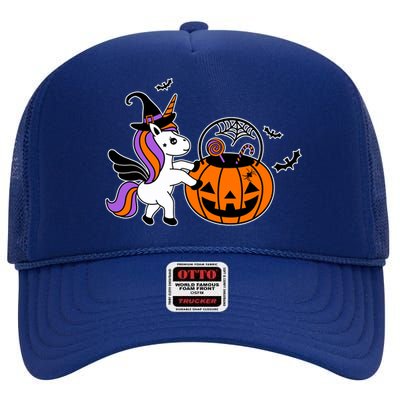 Unicorn Treat Or Trick Halloween High Crown Mesh Back Trucker Hat