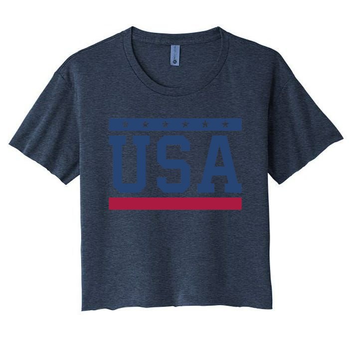 USA T Patriotic American Flag July 4th Women's Crop Top Tee