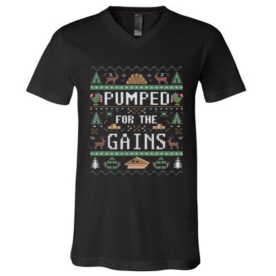 Ugly Thanksgiving Pumped For The Gains Fall Autumn Feast V-Neck T-Shirt