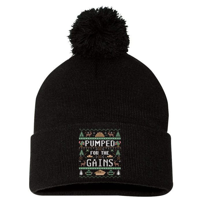 Ugly Thanksgiving Pumped For The Gains Fall Autumn Feast Pom Pom 12in Knit Beanie