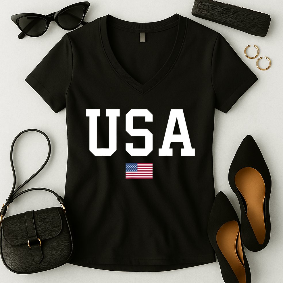 USA T Patriotic American Flag July 4th Women's V-Neck T-Shirt