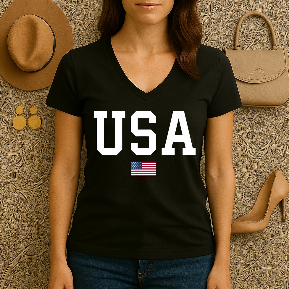 USA T Patriotic American Flag July 4th Women's V-Neck T-Shirt