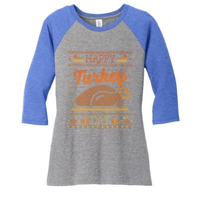 Ugly Thanksgiving Sweater Funny Happy Turkey Day Gift Women's Tri-Blend 3/4-Sleeve Raglan Shirt