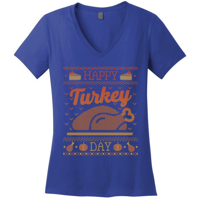 Ugly Thanksgiving Sweater Funny Happy Turkey Day Gift Women's V-Neck T-Shirt