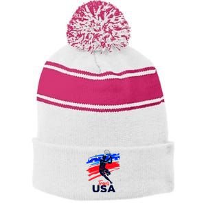 Usa Tennis Support The T.E.A.M U.S.A Tennis Lover Stripe Pom Pom Beanie