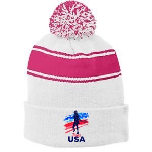 Usa Tennis Support The Team U.S.A Tennis Lover Stripe Pom Pom Beanie