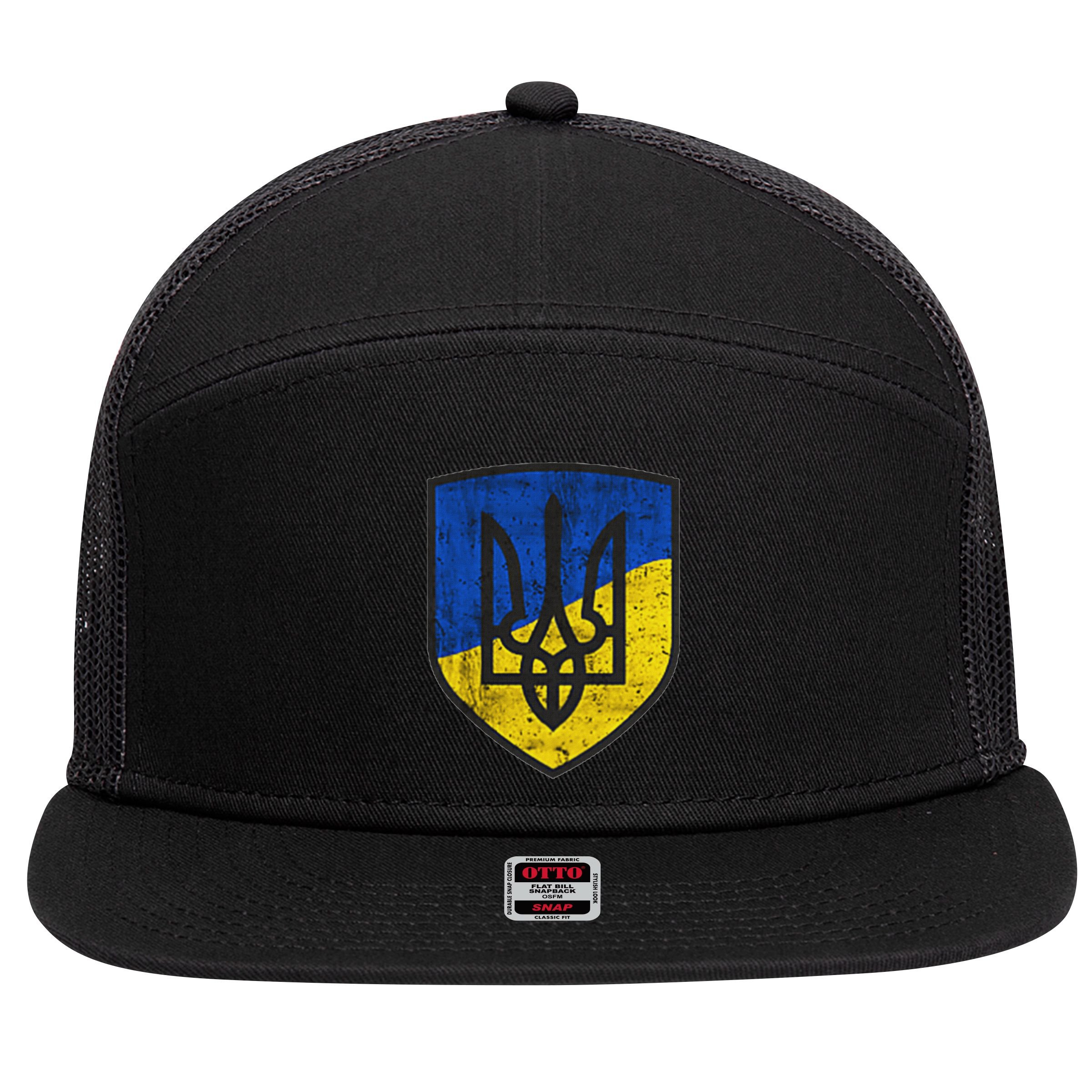 Ukraine Trident Tryzub Symbol Crest Ukrainian Logo Shield 7 Panel Mesh Trucker Snapback Hat