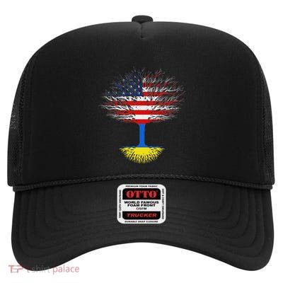 Ukraine Usa America Flag Roots Us Citizen Tree High Crown Mesh Back Trucker Hat