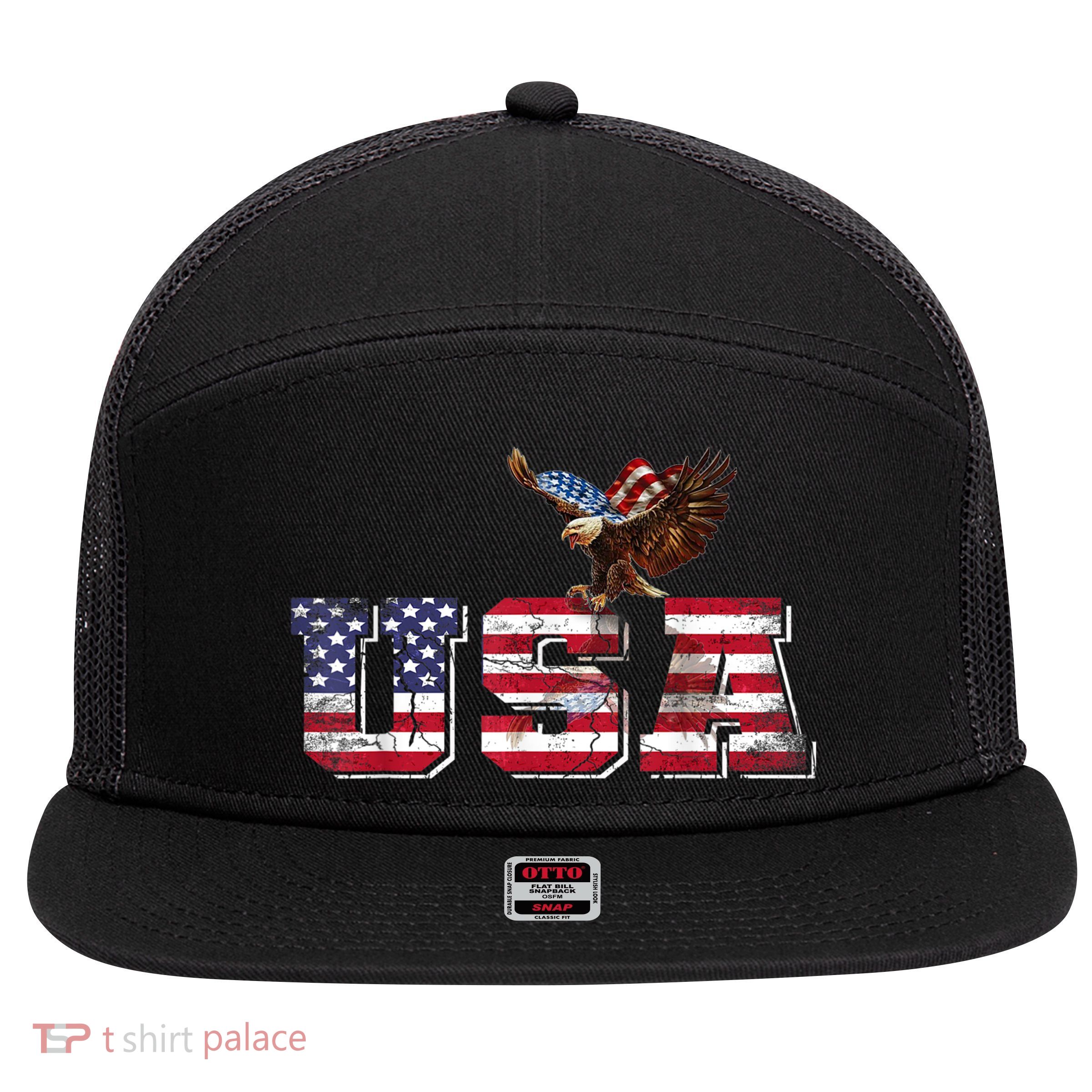 USA US American Flag Patriotic 4th Of July Bald Eagle Merica 7 Panel Mesh Trucker Snapback Hat