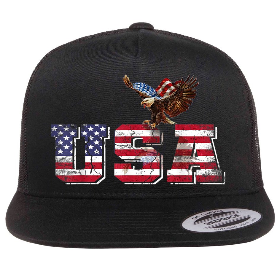 USA US American Flag Patriotic 4th Of July Bald Eagle Merica Flat Bill Trucker Hat