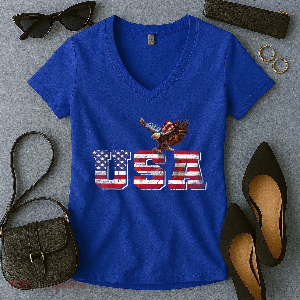 USA US American Flag Patriotic 4th Of July Bald Eagle Merica Women's V-Neck T-Shirt