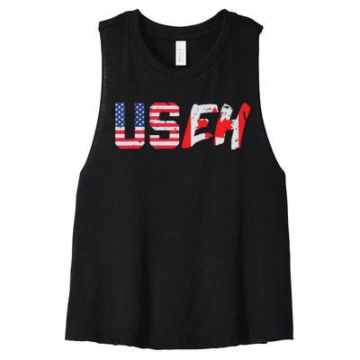 USeh USA Canada Eh Funny American Canadian Flag Women's Racerback Cropped Tank