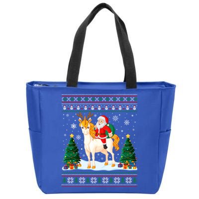 Unicorn Ugly Christmas Sweater Funny Santa Claus Riding Gift Zip Tote Bag