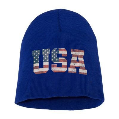 Usa Us Flag Patriotic 4th Of July America Gift Short Acrylic Beanie