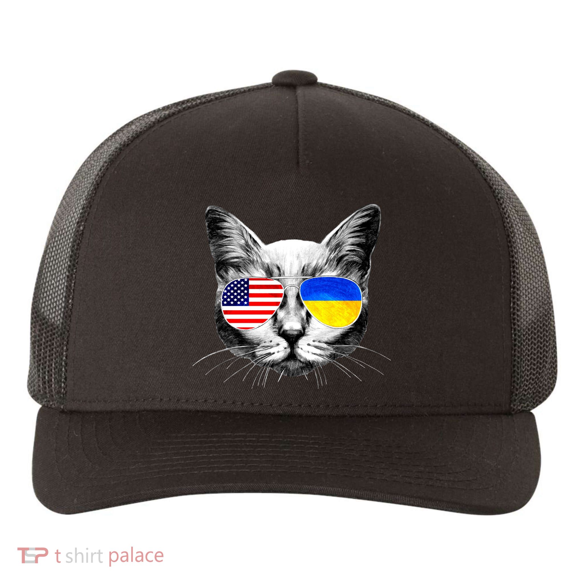 USA Ukraine Flags Sunglasses Cat Yupoong Adult 5-Panel Trucker Hat