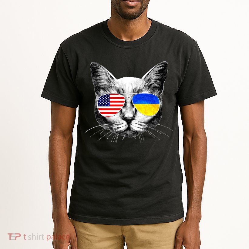 USA Ukraine Flags Sunglasses Cat Tall T-Shirt