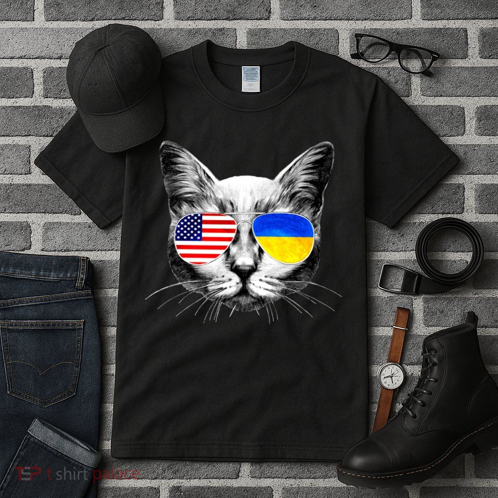 USA Ukraine Flags Sunglasses Cat Tall T-Shirt