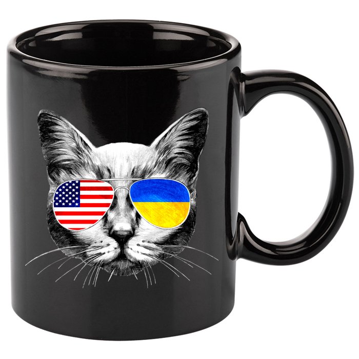 USA Ukraine Flags Sunglasses Cat 11oz C Handle Ceramic Mug