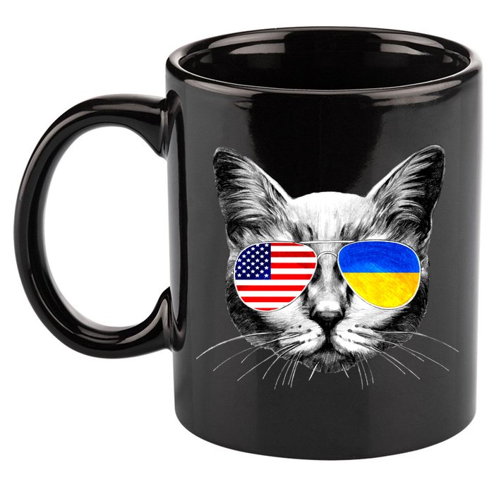 USA Ukraine Flags Sunglasses Cat 11oz C Handle Ceramic Mug