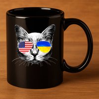 USA Ukraine Flags Sunglasses Cat 11oz C Handle Ceramic Mug