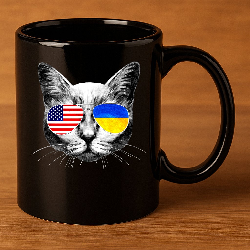 USA Ukraine Flags Sunglasses Cat 11oz C Handle Ceramic Mug