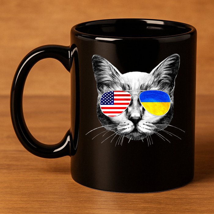 USA Ukraine Flags Sunglasses Cat 11oz C Handle Ceramic Mug