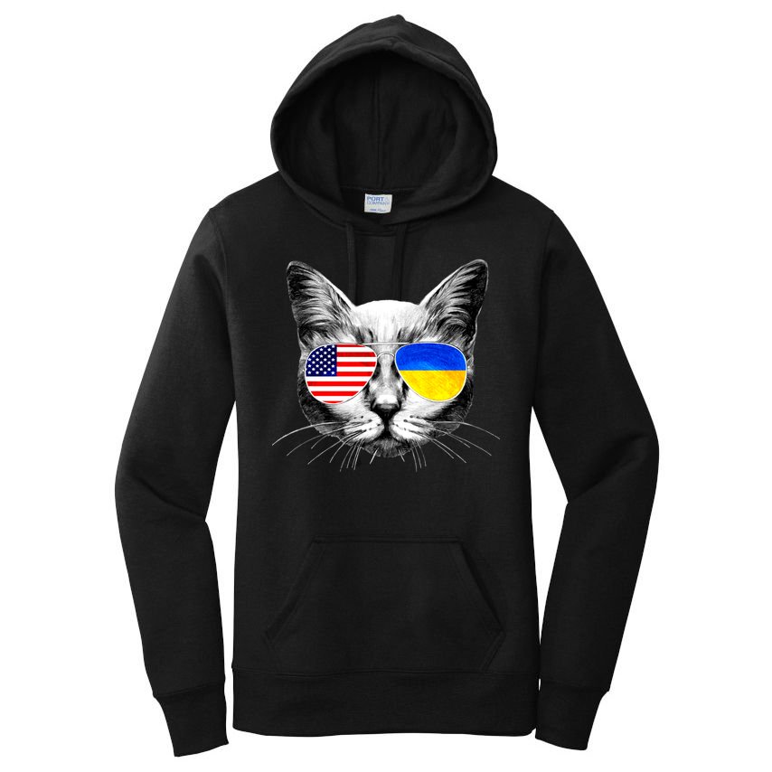 USA Ukraine Flags Sunglasses Cat Women's Pullover Hoodie