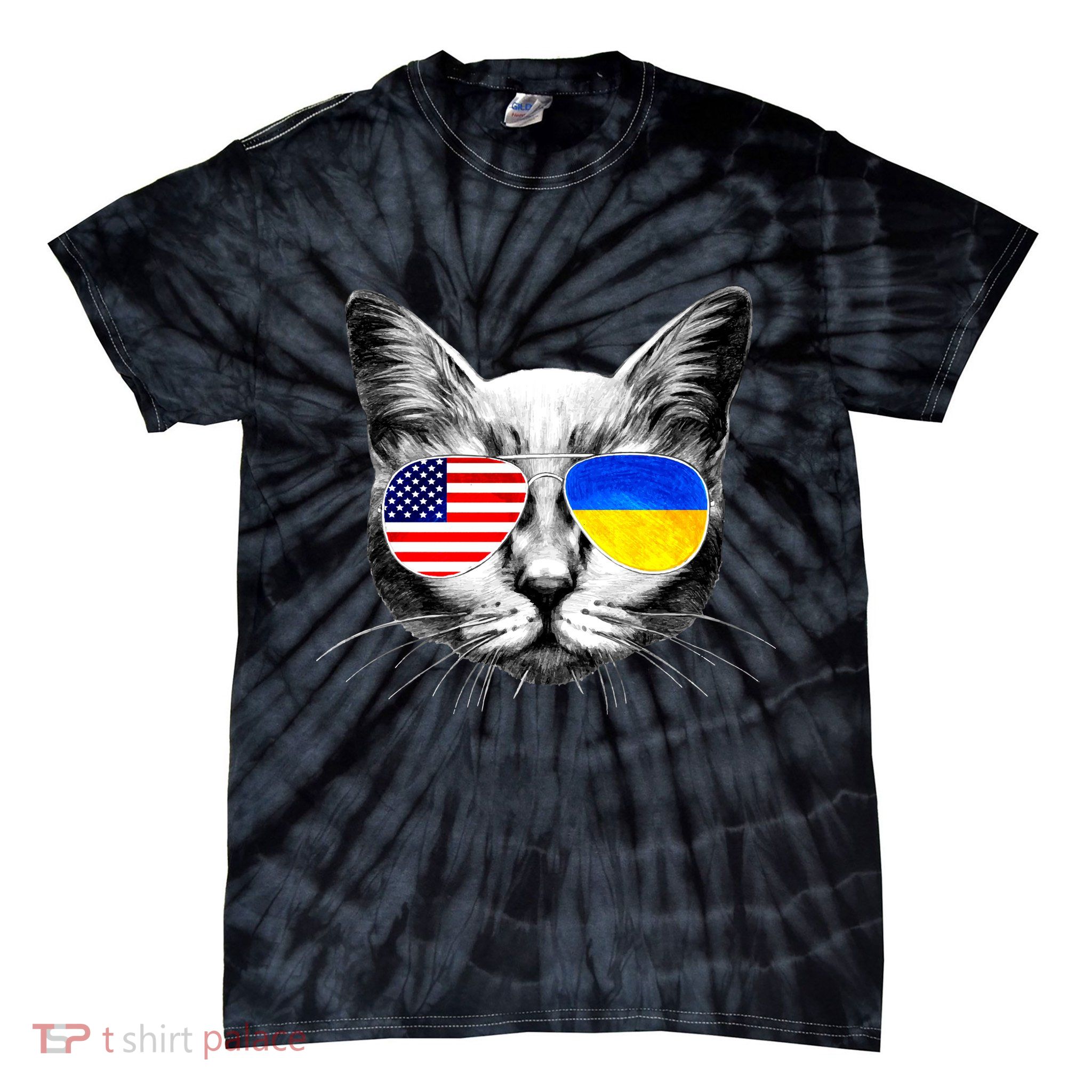 USA Ukraine Flags Sunglasses Cat Tie-Dye T-Shirt