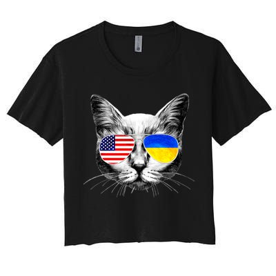 USA Ukraine Flags Sunglasses Cat Crop Top