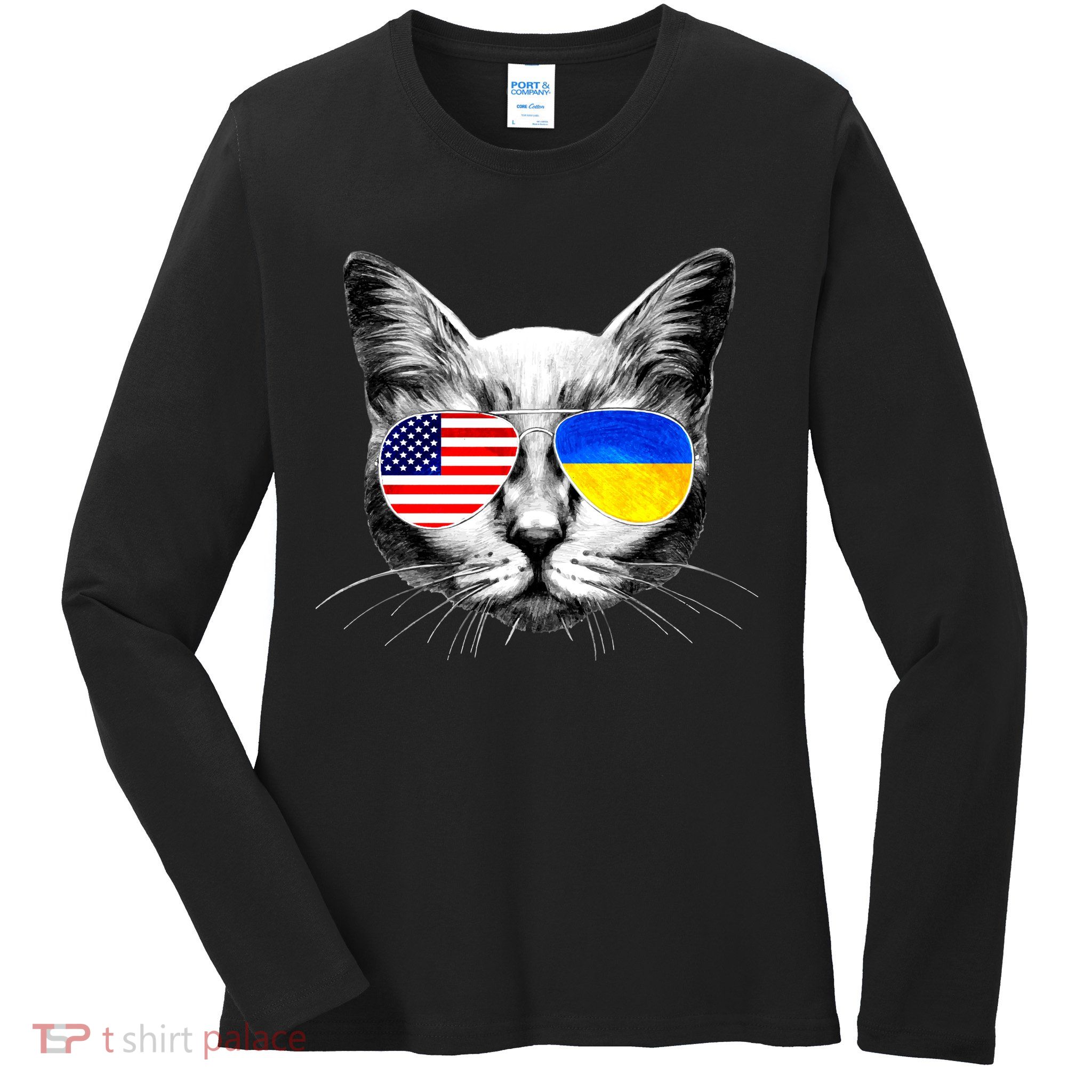 USA Ukraine Flags Sunglasses Cat Ladies Long Sleeve Shirt