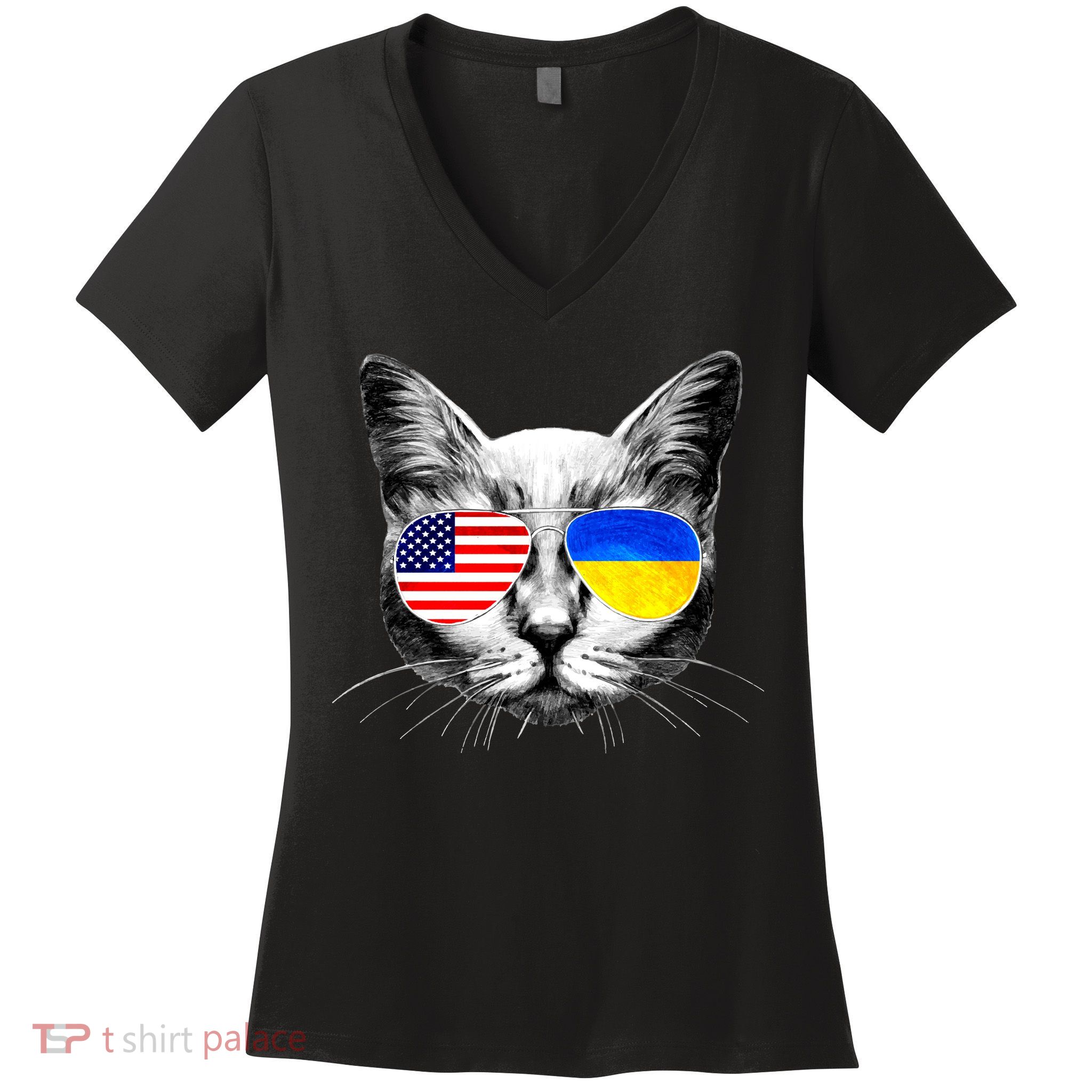 USA Ukraine Flags Sunglasses Cat Women's V-Neck T-Shirt