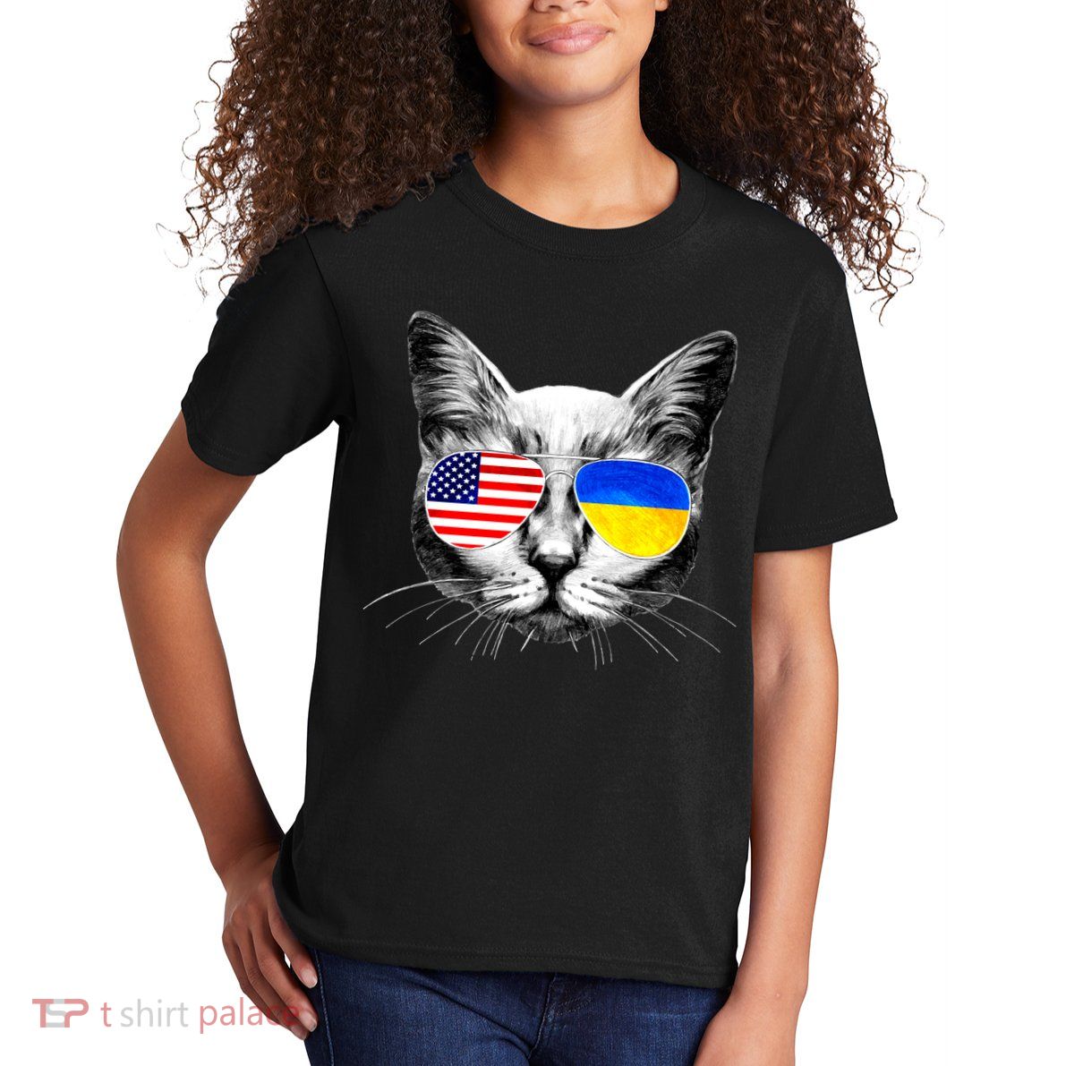 USA Ukraine Flags Sunglasses Cat Kids T-Shirt